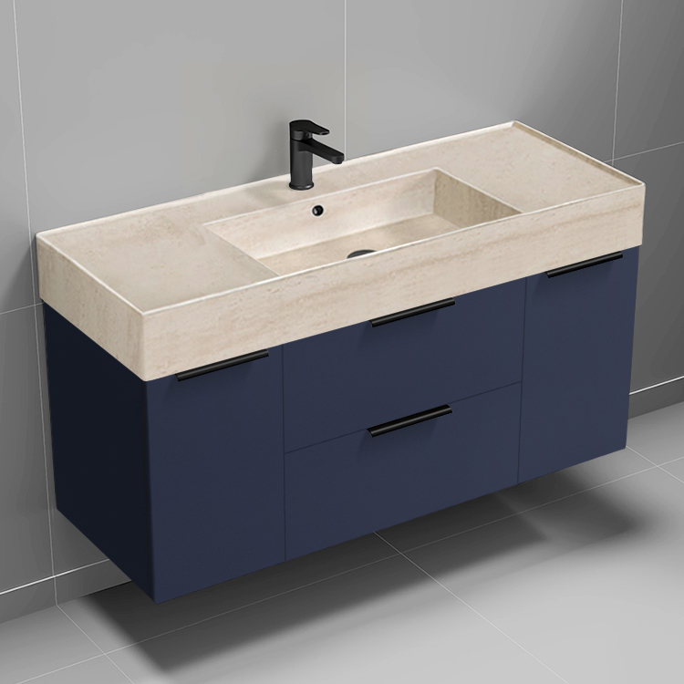 Nameeks DERIN833 Modern Bathroom Vanity With Beige Travertine Design Sink, Wall Mount, 48 Inch, Night Blue